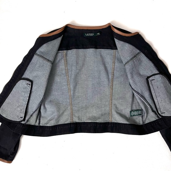Lauren Ralph Lauren Dark Blue Denim Jacket w/ Brown Leather Trim - Sz L - Picture 5 of 7